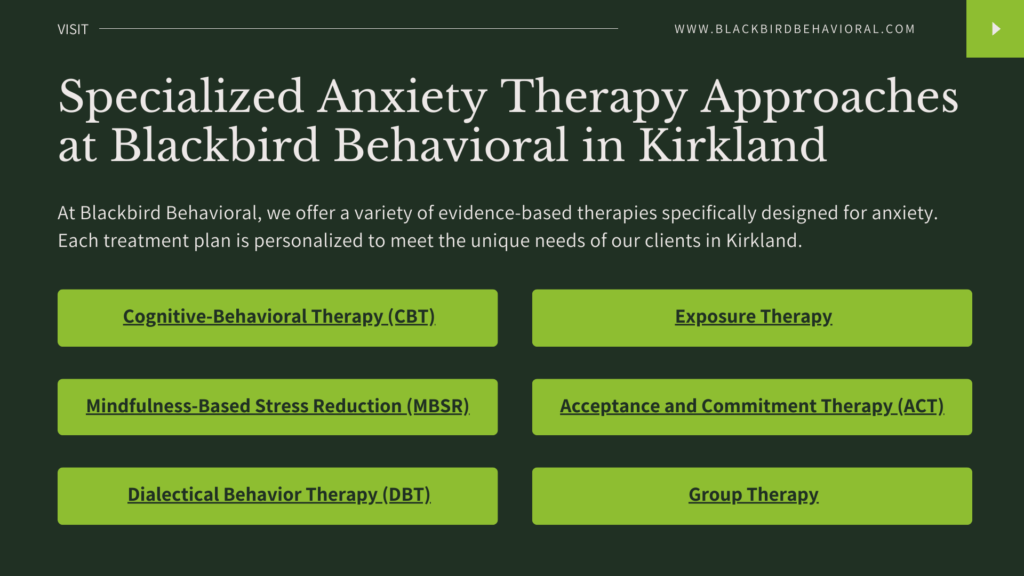 A slide showcasing specialized anxiety therapy approaches offered by Blackbird Behavioral in Kirkland. The slide has a dark green background with white text and light green buttons listing different therapy types.