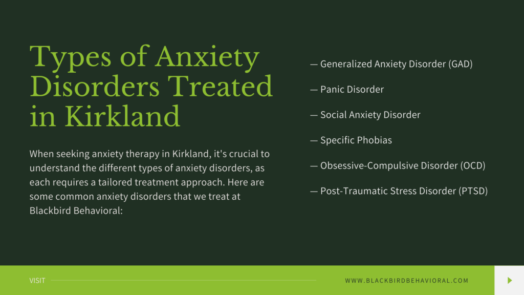 A slide listing types of anxiety disorders treated in Kirkland, with green text on a dark green background.