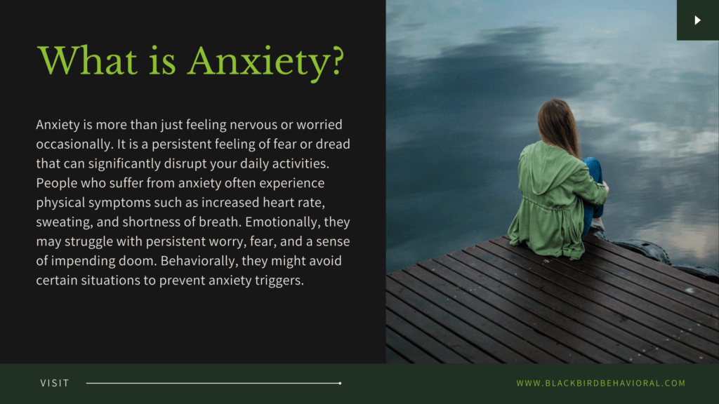 A slide explaining anxiety, with text on a dark background and an image of a person sitting alone on a dock overlooking a body of water.