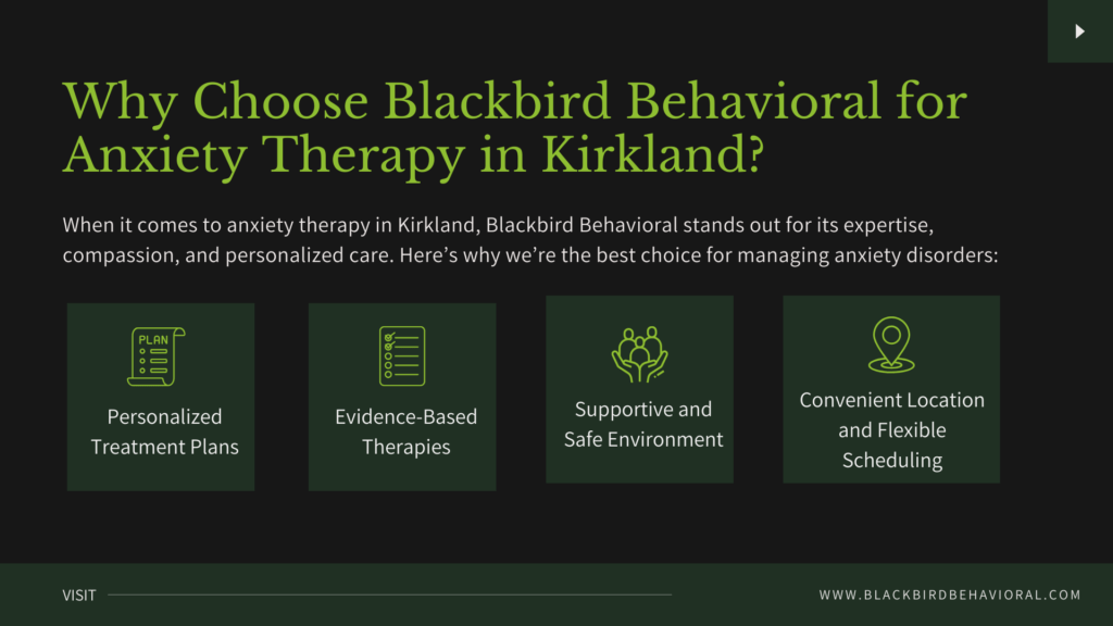 A slide titled "Why Choose Blackbird Behavioral for Anxiety Therapy in Kirkland?" with four green icons representing different aspects of their service on a dark background.